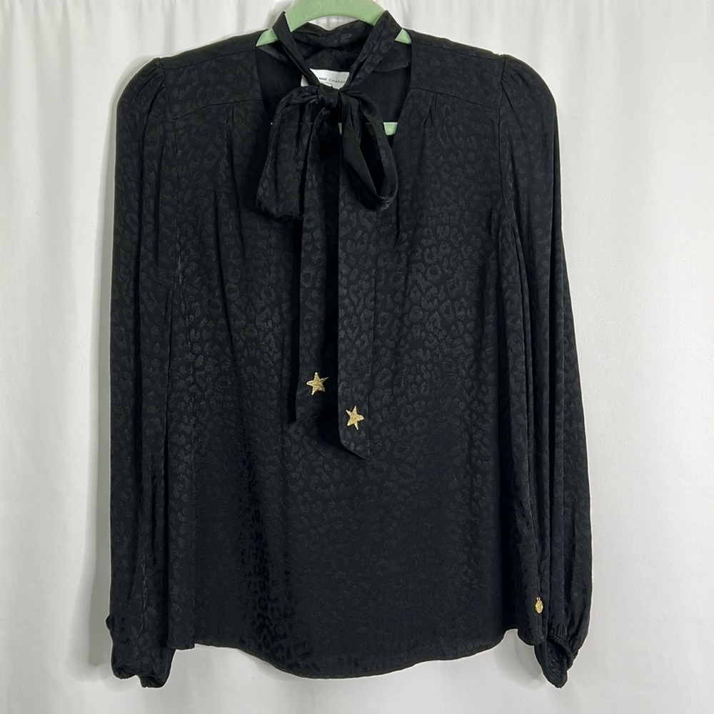 Fabienne Chapot Anny star embroider leopard tie collar ruffle blouse NWOT